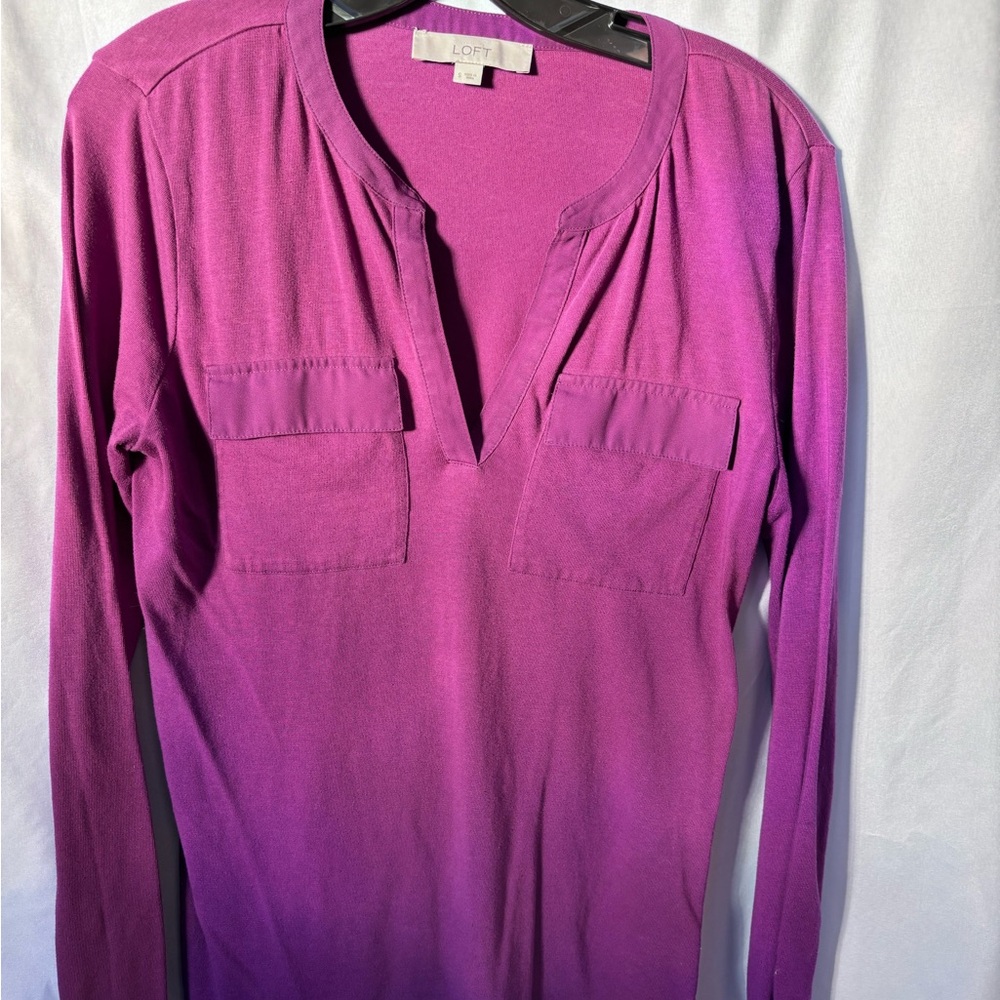 LOFT Women's Long-Sleeve Split V-Neck Top - Magenta